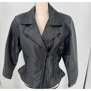 Jim Leather Motorcycle Biker Jacket WOMENS Black Leather Full Zip Coat LARGE
